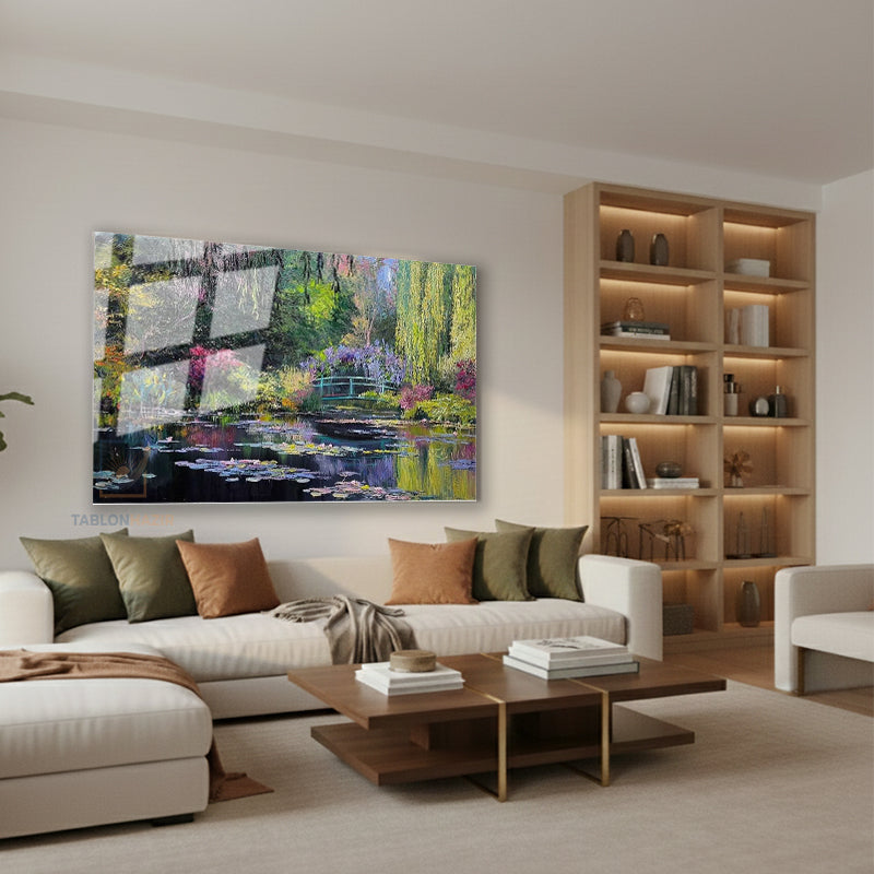 Yatay Cam Tablo Salon Duvar Tablosu Yatay Cam Bataklik Nilufer Manzara Yeni Ev Hediyesi Ofis Tablosu