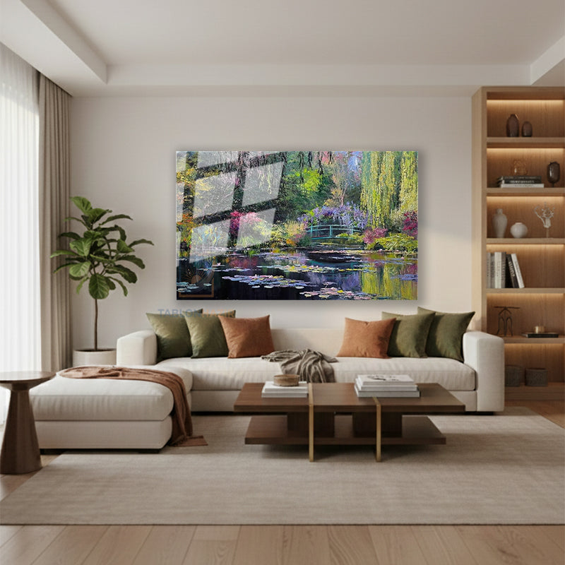 Yatay Cam Tablo Salon Duvar Tablosu Yatay Cam Bataklik Nilufer Manzara Yeni Ev Hediyesi Ofis Tablosu