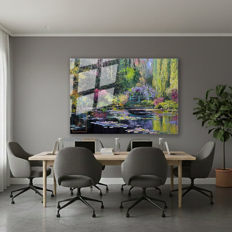 Yatay Cam Tablo Salon Duvar Tablosu Yatay Cam Bataklik Nilufer Manzara Yeni Ev Hediyesi Ofis Tablosu