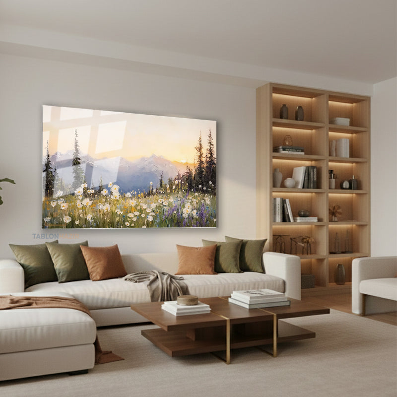 Yatay Cam Tablo Salon Duvar Tablosu Yatay Cam Cicek Tarlasi Yeni Ev Hediyesi Ofis Tablosu