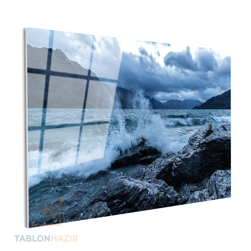 Yatay Cam Tablo Salon Duvar Tablosu Yatay Cam Dalga Ve Kaya Yeni Ev Hediyesi Ofis Tablosu