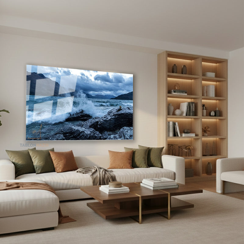 Yatay Cam Tablo Salon Duvar Tablosu Yatay Cam Dalga Ve Kaya Yeni Ev Hediyesi Ofis Tablosu