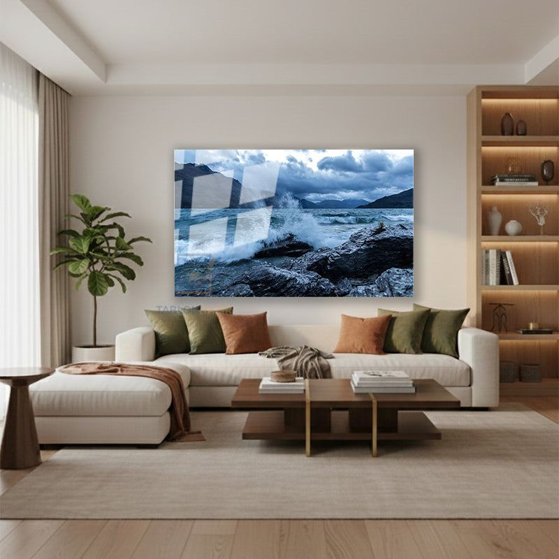 Yatay Cam Tablo Salon Duvar Tablosu Yatay Cam Dalga Ve Kaya Yeni Ev Hediyesi Ofis Tablosu