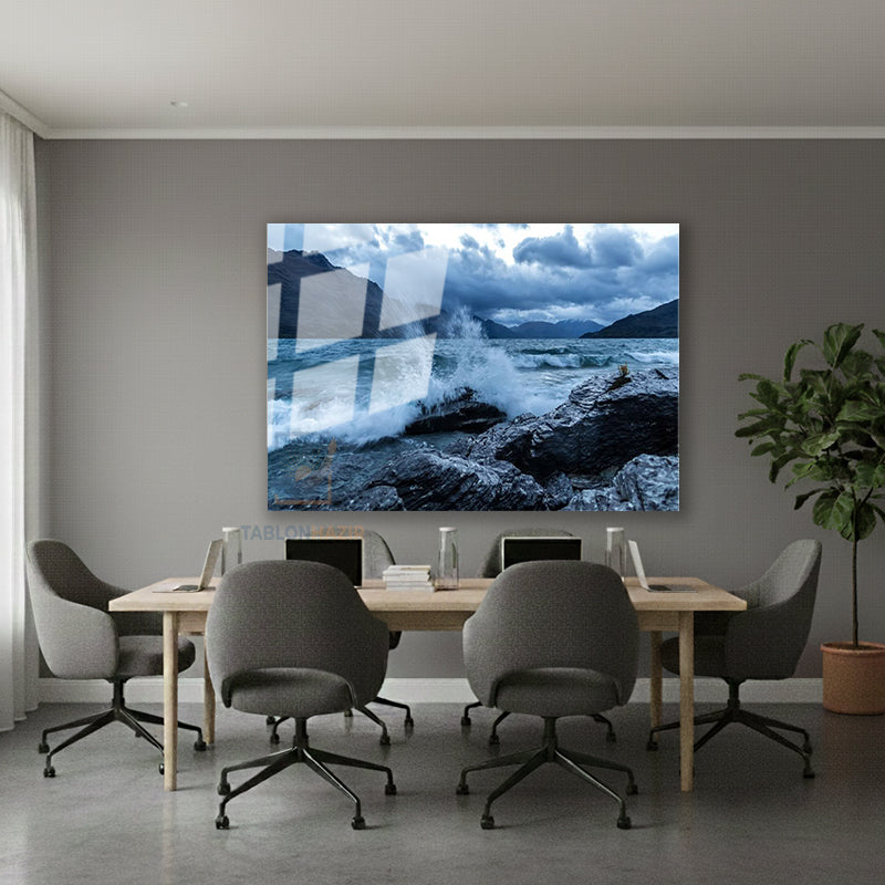Yatay Cam Tablo Salon Duvar Tablosu Yatay Cam Dalga Ve Kaya Yeni Ev Hediyesi Ofis Tablosu