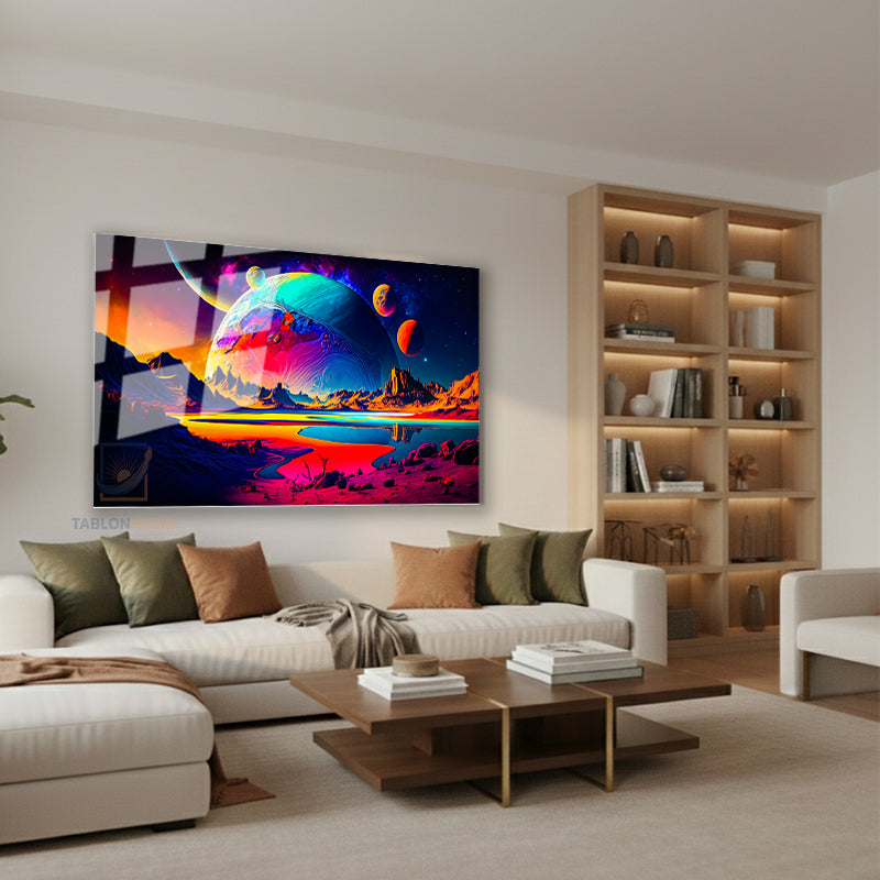 Yatay Cam Tablo Salon Duvar Tablosu Yatay Cam Evren Gezegen Yeni Ev Hediyesi Ofis Tablosu