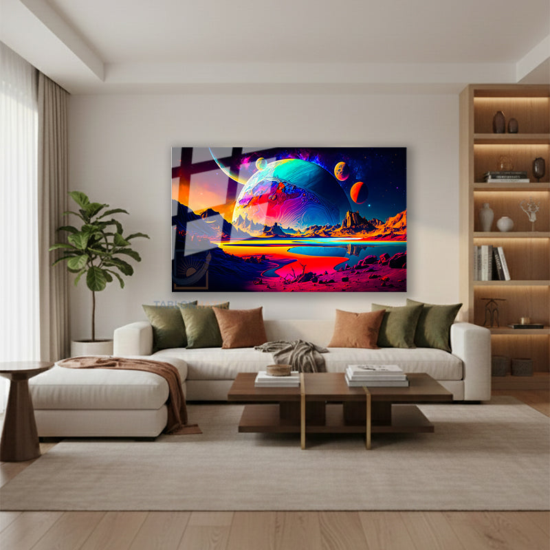 Yatay Cam Tablo Salon Duvar Tablosu Yatay Cam Evren Gezegen Yeni Ev Hediyesi Ofis Tablosu