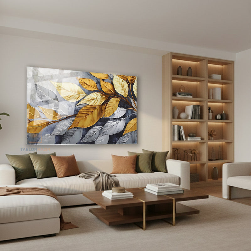 Yatay Cam Tablo Salon Duvar Tablosu Yatay Cam Grialtinyapraklar Yeni Ev Hediyesi Ofis Tablosu