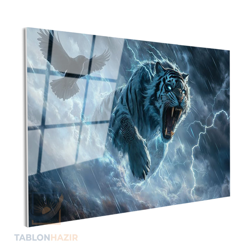 Yatay Cam Tablo Salon Duvar Tablosu Yatay Cam Kartal Ve Kaplan Yeni Ev Hediyesi Ofis Tablosu