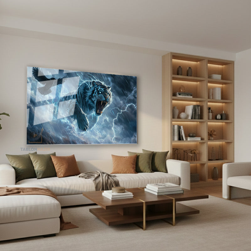 Yatay Cam Tablo Salon Duvar Tablosu Yatay Cam Kartal Ve Kaplan Yeni Ev Hediyesi Ofis Tablosu