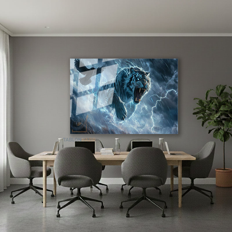 Yatay Cam Tablo Salon Duvar Tablosu Yatay Cam Kartal Ve Kaplan Yeni Ev Hediyesi Ofis Tablosu