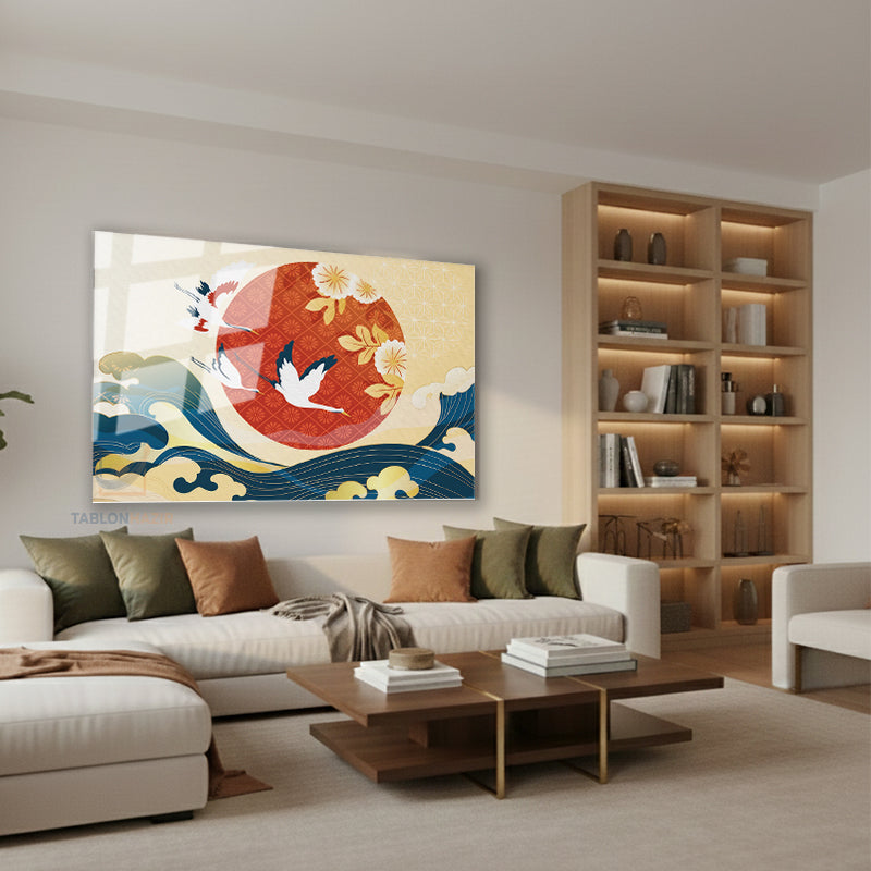 Yatay Cam Tablo Salon Duvar Tablosu Yatay Cam Leylekgunessu Yeni Ev Hediyesi Ofis Tablosu