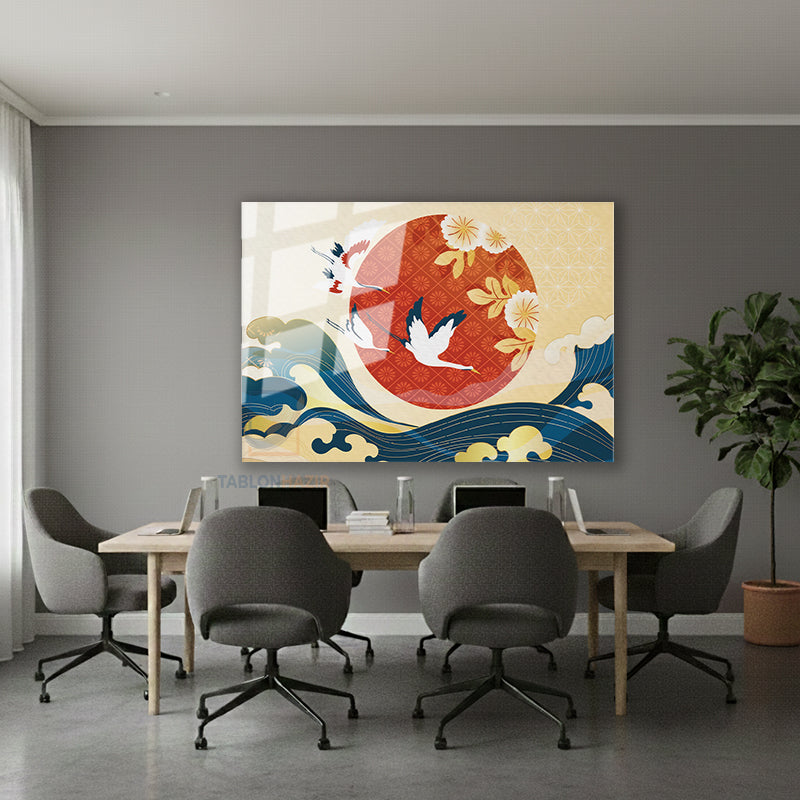 Yatay Cam Tablo Salon Duvar Tablosu Yatay Cam Leylekgunessu Yeni Ev Hediyesi Ofis Tablosu