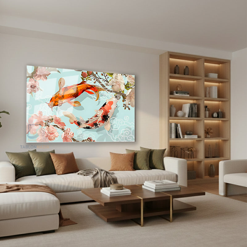 Yatay Cam Tablo Salon Duvar Tablosu Yatay Cam Mavi Turuncu Koi Yeni Ev Hediyesi Ofis Tablosu