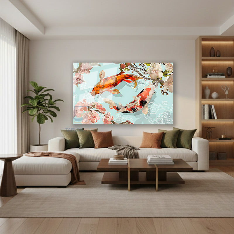 Yatay Cam Tablo Salon Duvar Tablosu Yatay Cam Mavi Turuncu Koi Yeni Ev Hediyesi Ofis Tablosu