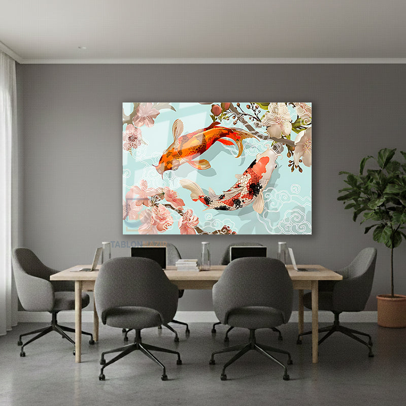 Yatay Cam Tablo Salon Duvar Tablosu Yatay Cam Mavi Turuncu Koi Yeni Ev Hediyesi Ofis Tablosu