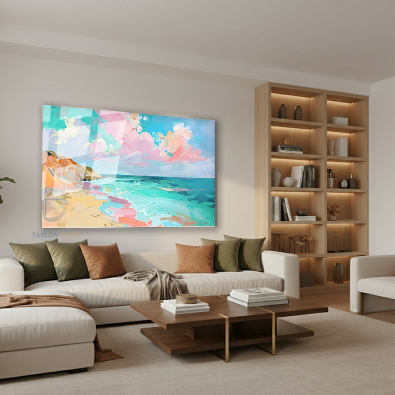 Yatay Cam Tablo Salon Duvar Tablosu Yatay Cam Pastel Manzara Yeni Ev Hediyesi Ofis Tablosu