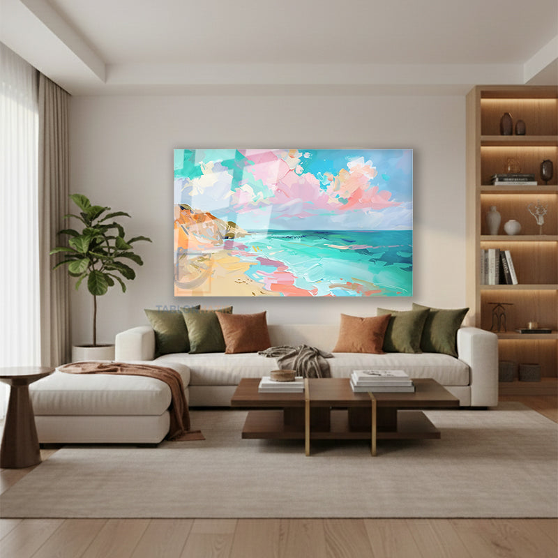 Yatay Cam Tablo Salon Duvar Tablosu Yatay Cam Pastel Manzara Yeni Ev Hediyesi Ofis Tablosu