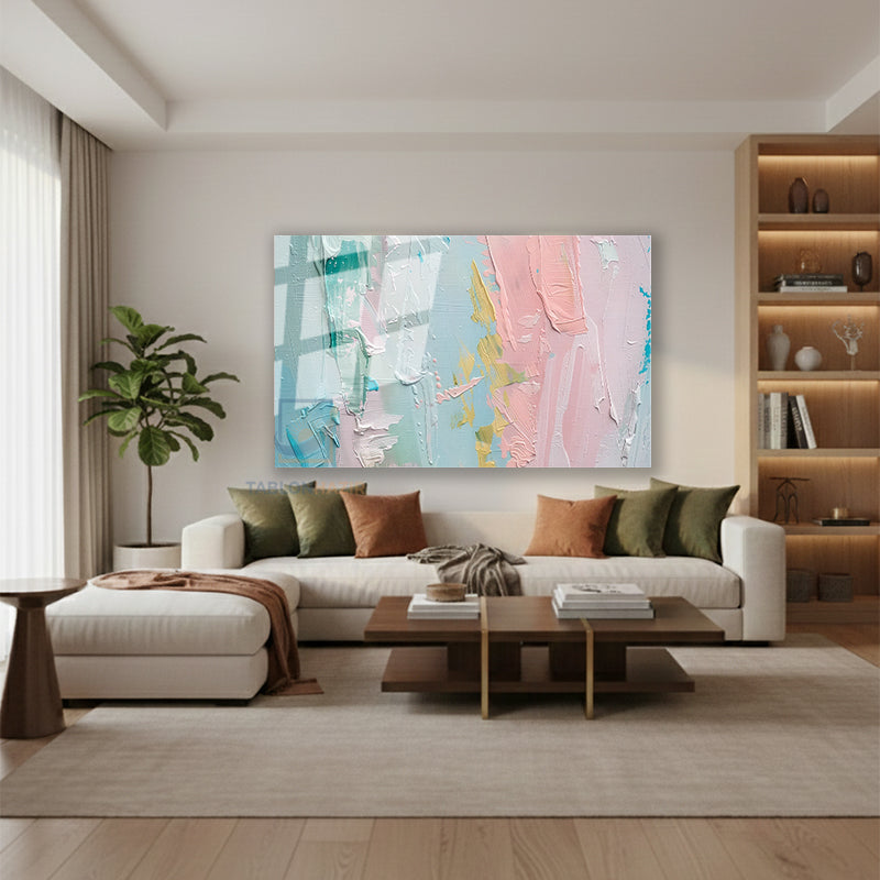 Yatay Cam Tablo Salon Duvar Tablosu Yatay Cam Pastel Renkler Soyut Yeni Ev Hediyesi Ofis Tablosu