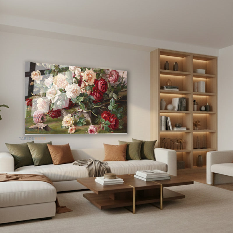 Yatay Cam Tablo Salon Duvar Tablosu Yatay Cam Pembe Kirmizi Guller Yeni Ev Hediyesi Ofis Tablosu
