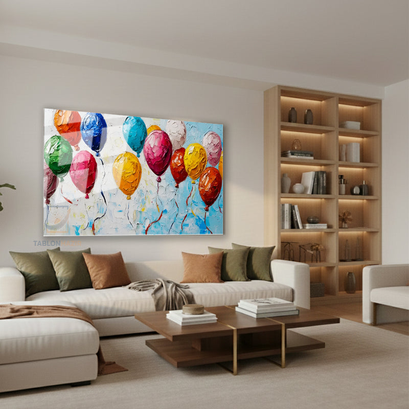 Yatay Cam Tablo Salon Duvar Tablosu Yatay Cam Renkli Balonlar Cizim Yeni Ev Hediyesi Ofis Tablosu