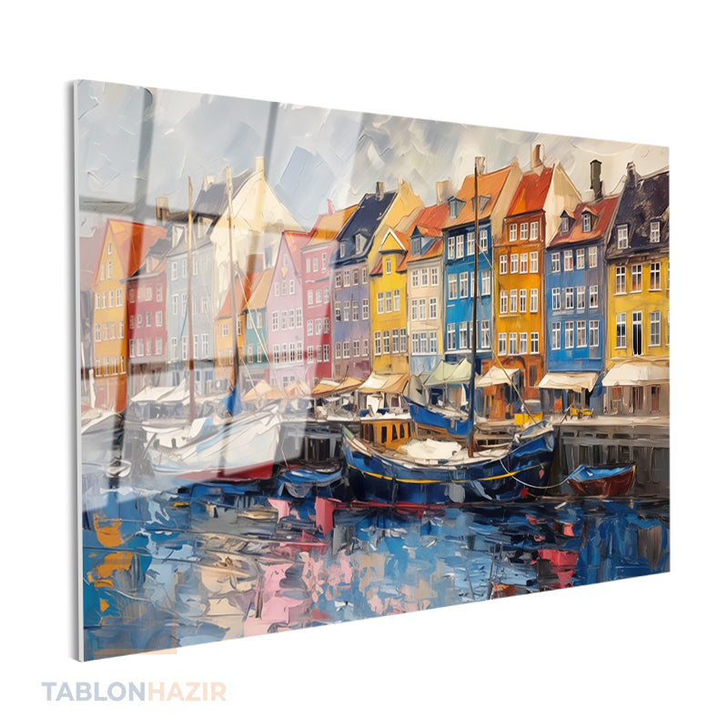 Yatay Cam Tablo Salon Duvar Tablosu Yatay Cam Renkli Binalar Nehir Yeni Ev Hediyesi Ofis Tablosu