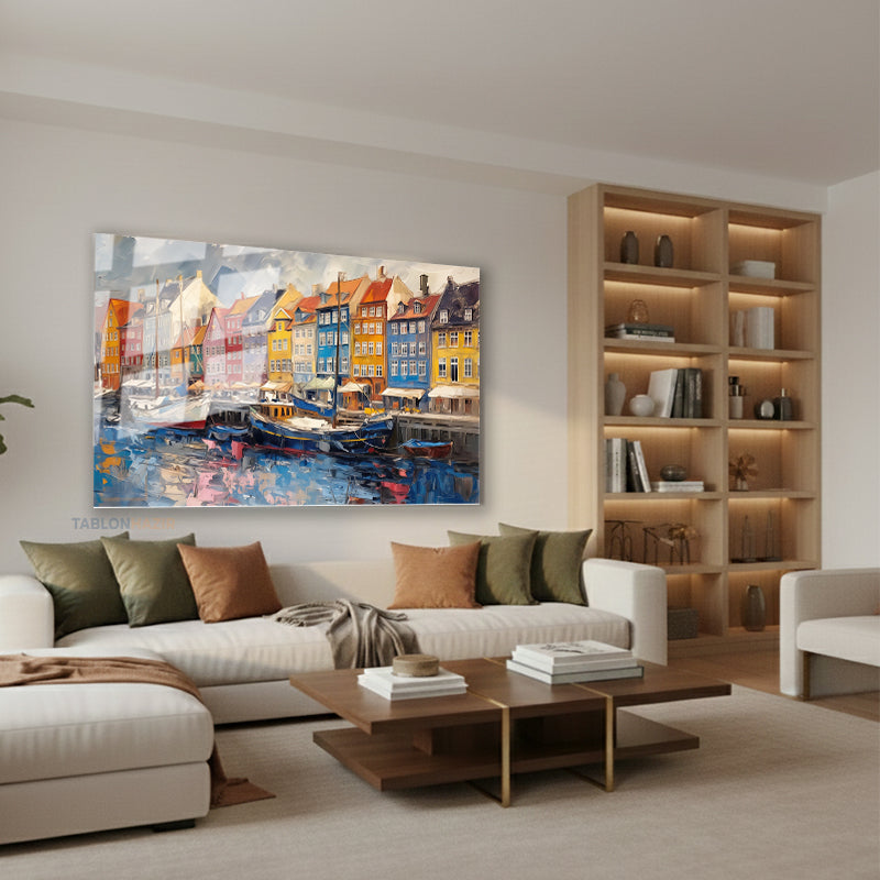 Yatay Cam Tablo Salon Duvar Tablosu Yatay Cam Renkli Binalar Nehir Yeni Ev Hediyesi Ofis Tablosu