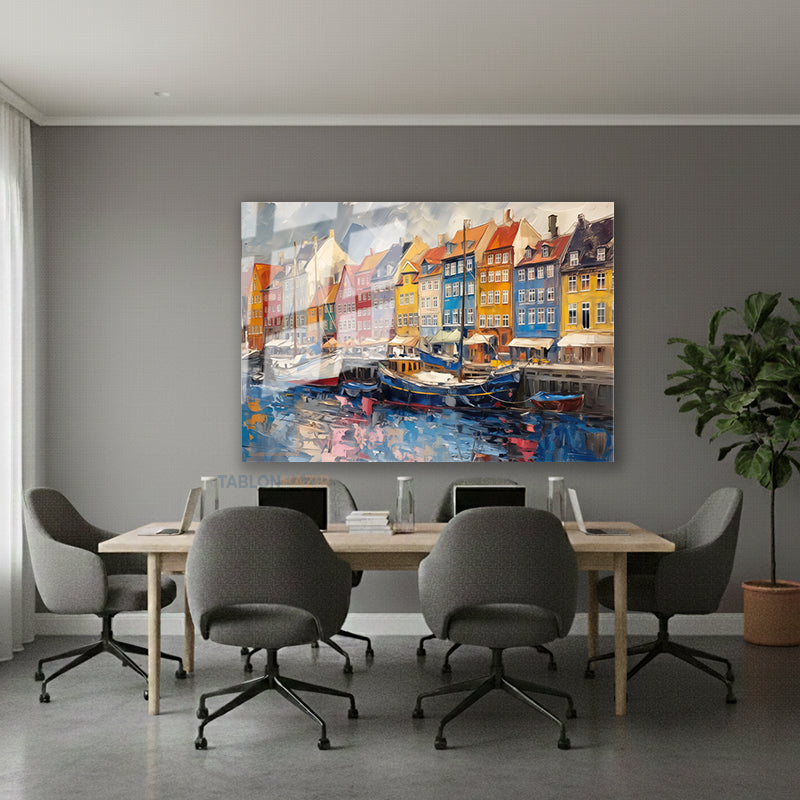 Yatay Cam Tablo Salon Duvar Tablosu Yatay Cam Renkli Binalar Nehir Yeni Ev Hediyesi Ofis Tablosu