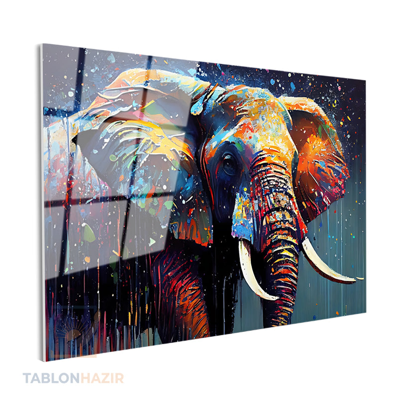 Yatay Cam Tablo Salon Duvar Tablosu Yatay Cam Renkli Boyali Fil Yeni Ev Hediyesi Ofis Tablosu