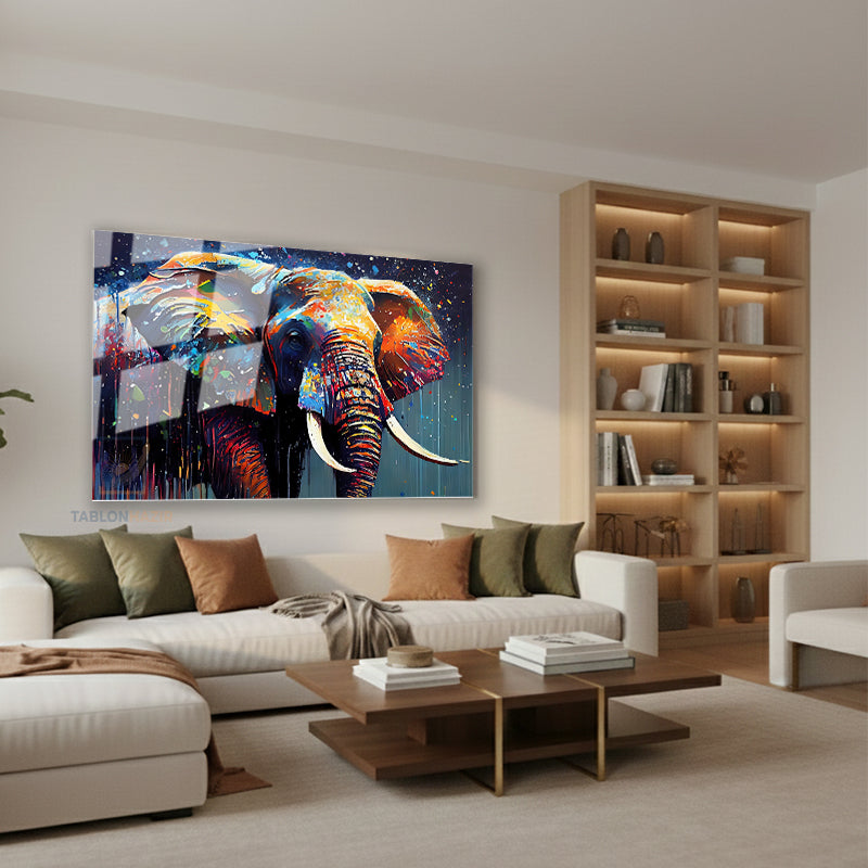 Yatay Cam Tablo Salon Duvar Tablosu Yatay Cam Renkli Boyali Fil Yeni Ev Hediyesi Ofis Tablosu