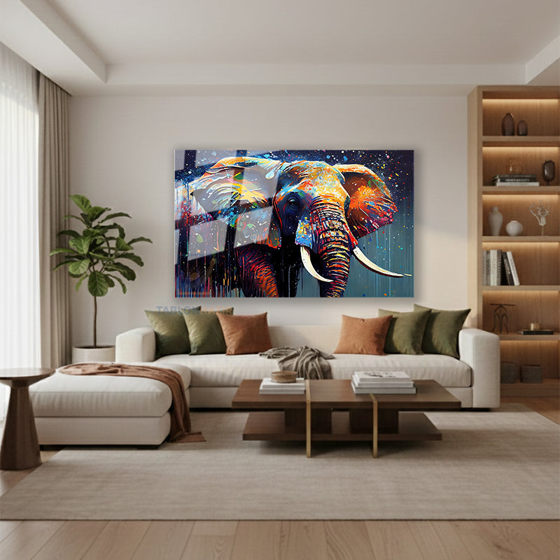Yatay Cam Tablo Salon Duvar Tablosu Yatay Cam Renkli Boyali Fil Yeni Ev Hediyesi Ofis Tablosu