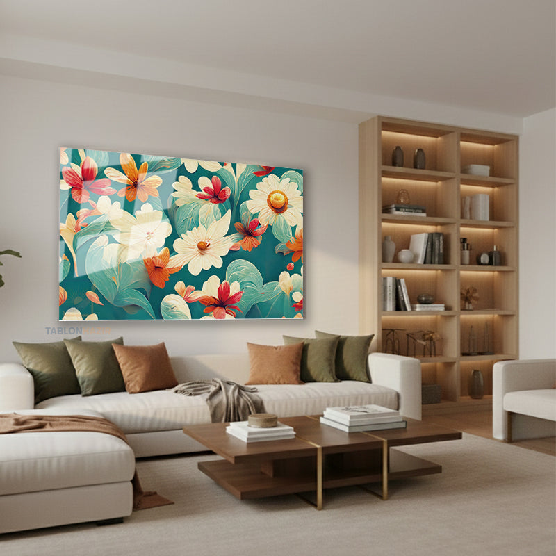 Yatay Cam Tablo Salon Duvar Tablosu Yatay Cam Renklicicekler1 Yeni Ev Hediyesi Ofis Tablosu