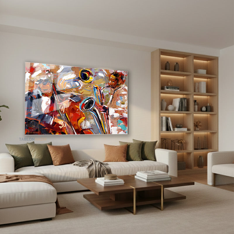 Yatay Cam Tablo Salon Duvar Tablosu Yatay Cam Saksafon Muzisyen Yeni Ev Hediyesi Ofis Tablosu