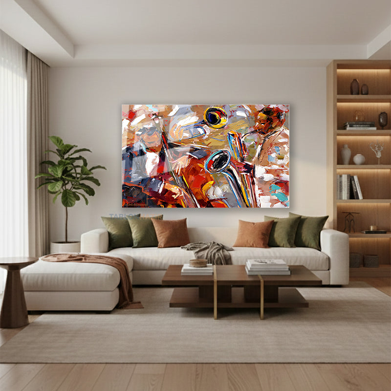 Yatay Cam Tablo Salon Duvar Tablosu Yatay Cam Saksafon Muzisyen Yeni Ev Hediyesi Ofis Tablosu