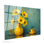 Yatay Cam Tablo Salon Duvar Tablosu Yatay Cam Sari Vazo Fincan Yeni Ev Hediyesi Ofis Tablosu