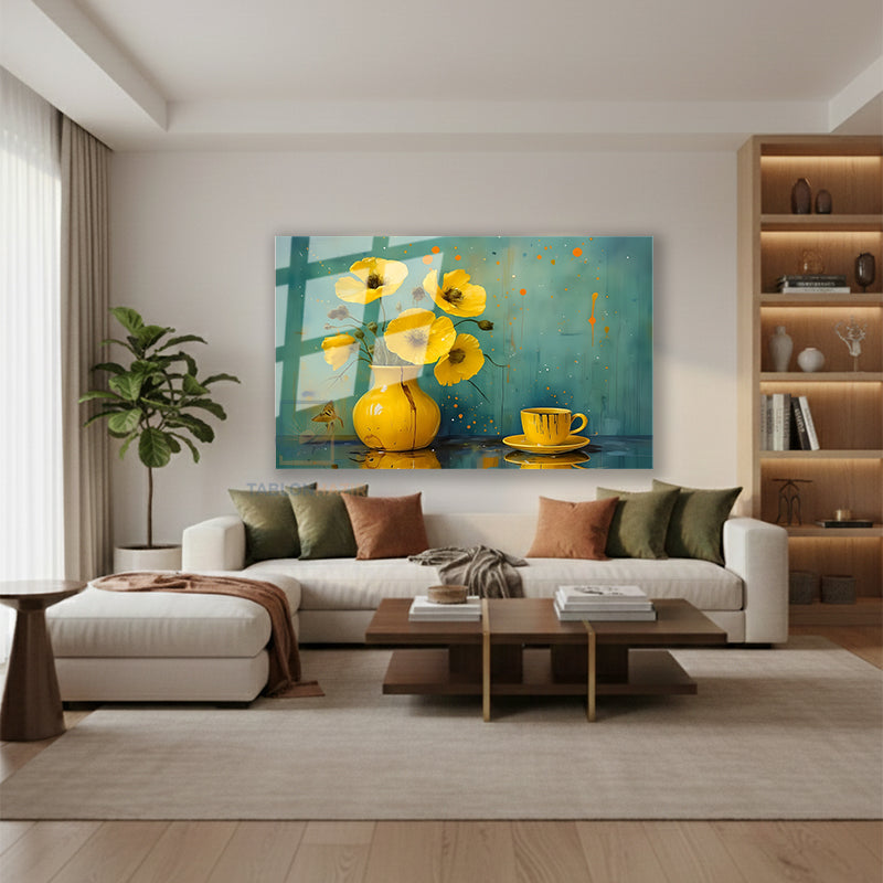 Yatay Cam Tablo Salon Duvar Tablosu Yatay Cam Sari Vazo Fincan Yeni Ev Hediyesi Ofis Tablosu