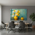 Yatay Cam Tablo Salon Duvar Tablosu Yatay Cam Sari Vazo Fincan Yeni Ev Hediyesi Ofis Tablosu