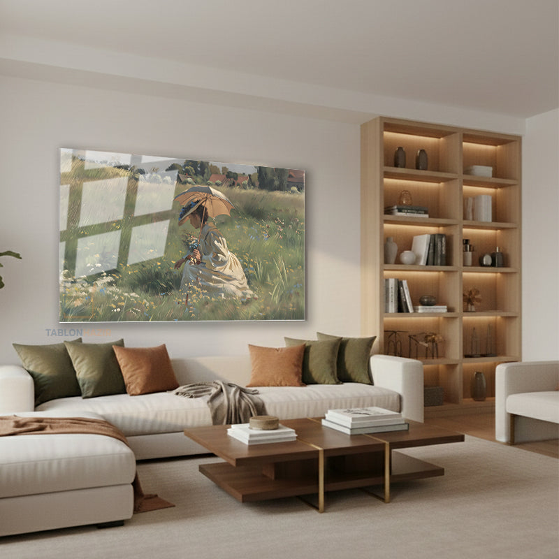 Yatay Cam Tablo Salon Duvar Tablosu Yatay Cam Semsiyeli Kadin Yeni Ev Hediyesi Ofis Tablosu