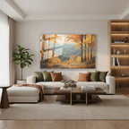 Yatay Cam Tablo Salon Duvar Tablosu Yatay Cam Sonbahar Manzara Turuncu Yeni Ev Hediyesi Ofis Tablosu