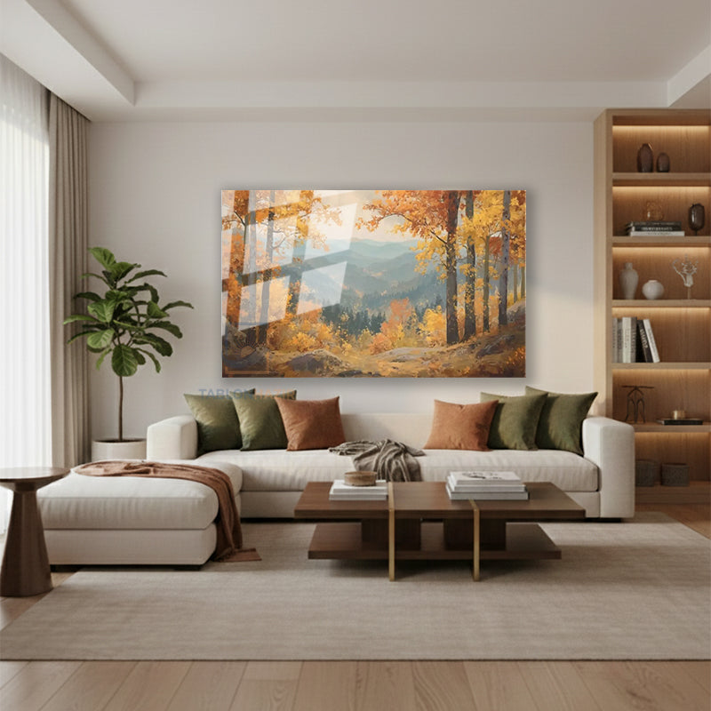 Yatay Cam Tablo Salon Duvar Tablosu Yatay Cam Sonbahar Manzara Turuncu Yeni Ev Hediyesi Ofis Tablosu