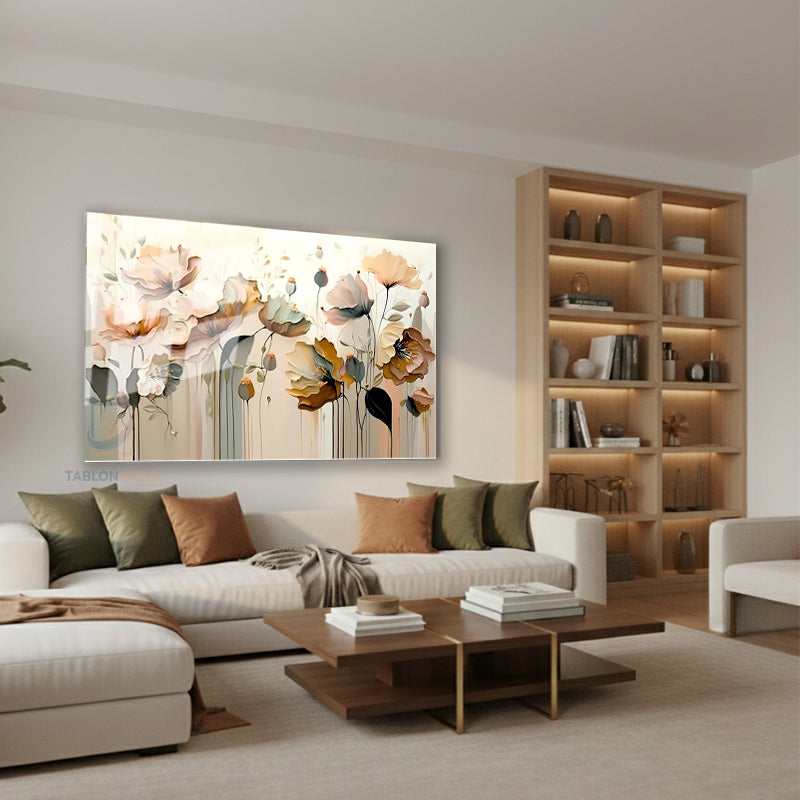 Yatay Cam Tablo Salon Duvar Tablosu Yatay Cam Soyut Cicek Cizim Yeni Ev Hediyesi Ofis Tablosu