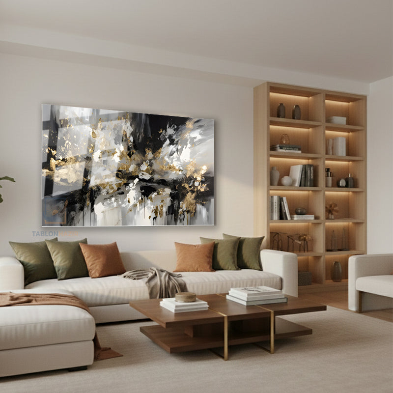 Yatay Cam Tablo Salon Duvar Tablosu Yatay Cam Soyut Siyah Gri Yeni Ev Hediyesi Ofis Tablosu