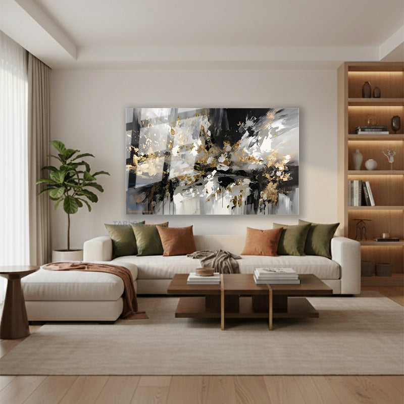 Yatay Cam Tablo Salon Duvar Tablosu Yatay Cam Soyut Siyah Gri Yeni Ev Hediyesi Ofis Tablosu