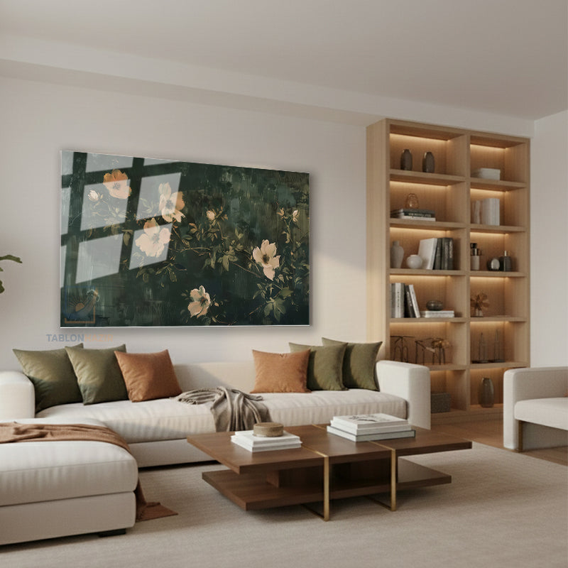 Yatay Cam Tablo Salon Duvar Tablosu Yatay Cam Yesil Ve Cicekler Yeni Ev Hediyesi Ofis Tablosu
