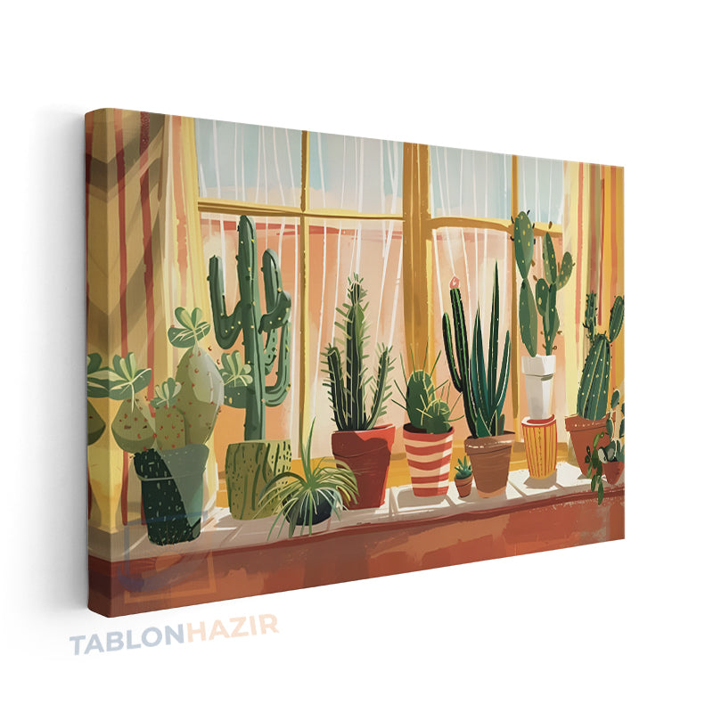 Yatay Kanvas Duvar Tablosu Saksidakikaktusler Salon Tablosu Ofis Tablosu Yeni Ev Hediyesi Dekorasyon