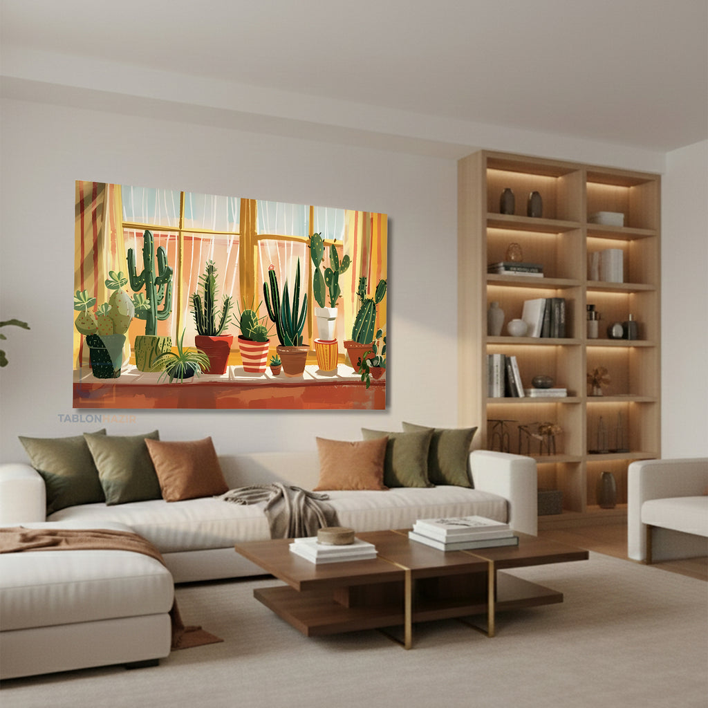 Yatay Kanvas Duvar Tablosu Saksidakikaktusler Salon Tablosu Ofis Tablosu Yeni Ev Hediyesi Dekorasyon