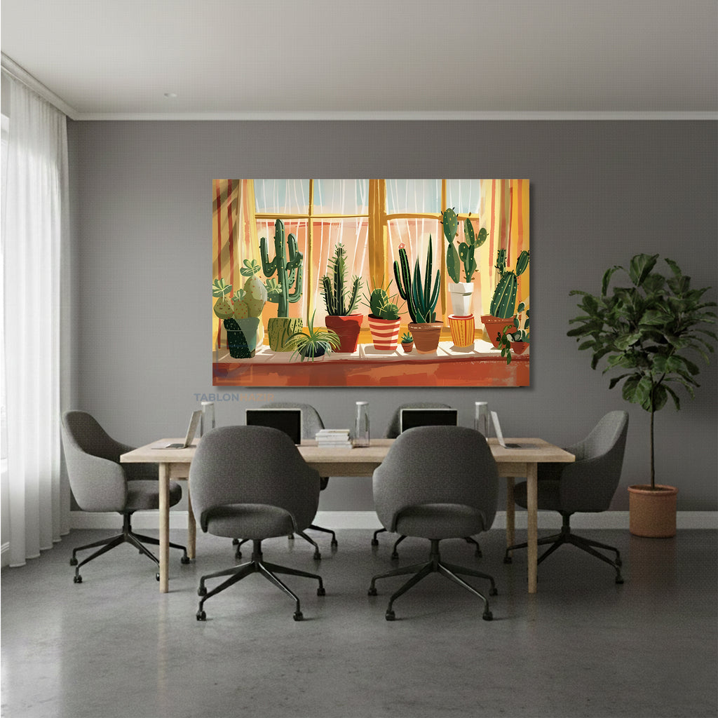 Yatay Kanvas Duvar Tablosu Saksidakikaktusler Salon Tablosu Ofis Tablosu Yeni Ev Hediyesi Dekorasyon