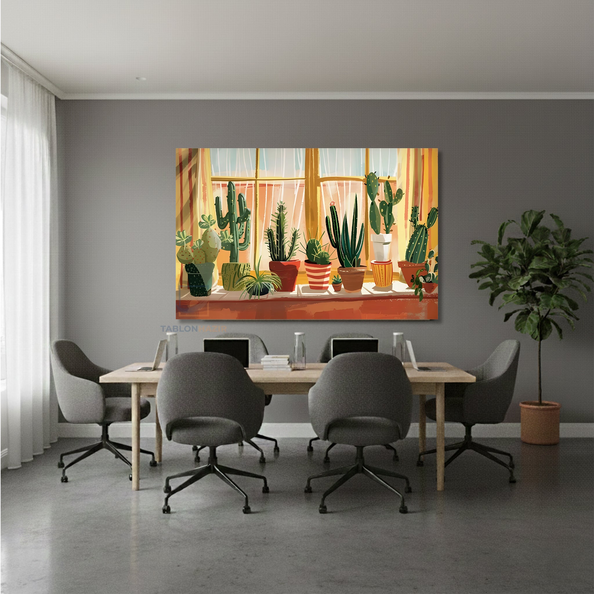 Yatay Kanvas Duvar Tablosu Saksidakikaktusler Salon Tablosu Ofis Tablosu Yeni Ev Hediyesi Dekorasyon