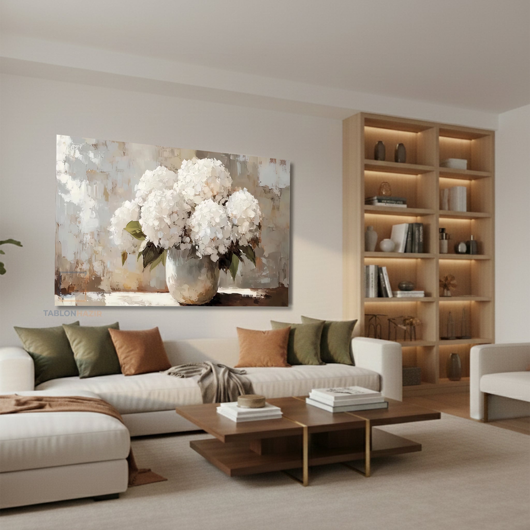 Yatay Kanvas Duvar Tablosu Vazodabeyazcicekler Salon Tablosu Ofis Tablosu Ev Hediyesi Dekorasyon