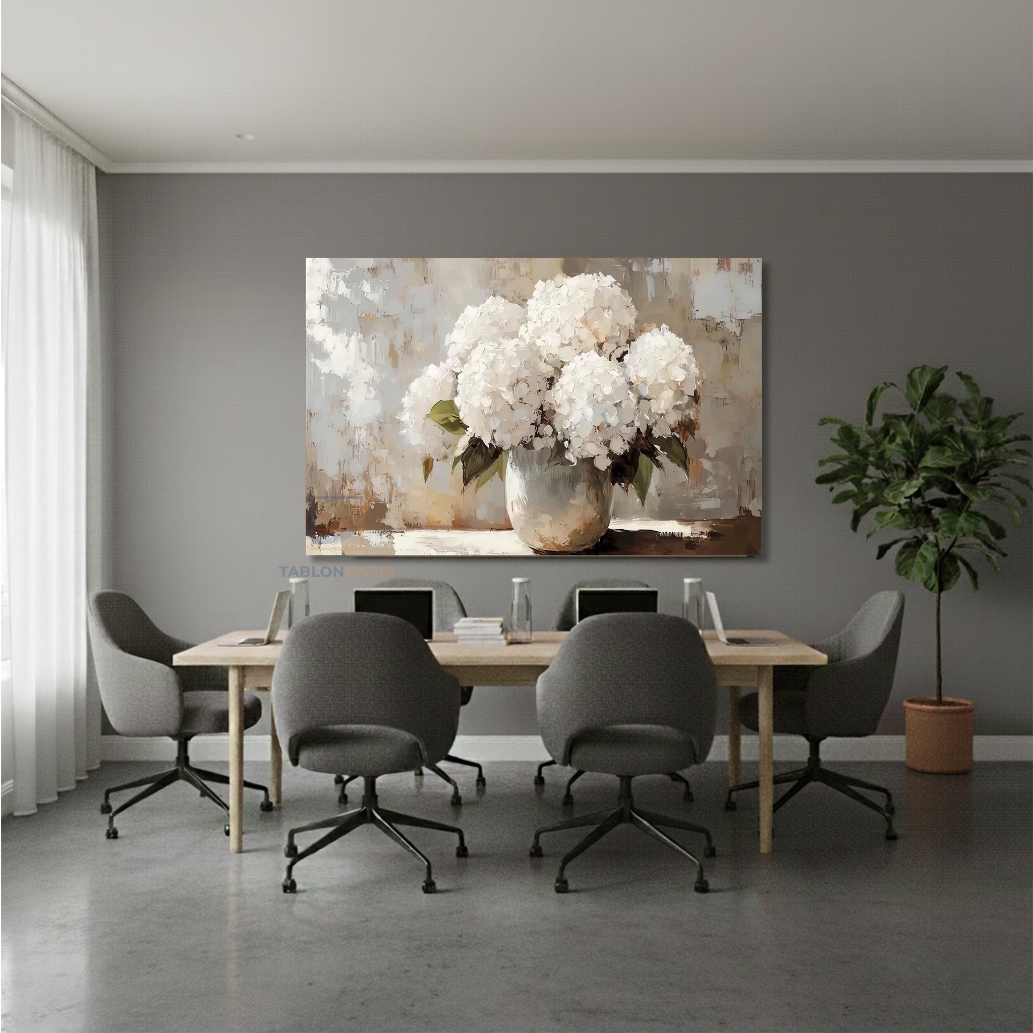 Yatay Kanvas Duvar Tablosu Vazodabeyazcicekler Salon Tablosu Ofis Tablosu Ev Hediyesi Dekorasyon