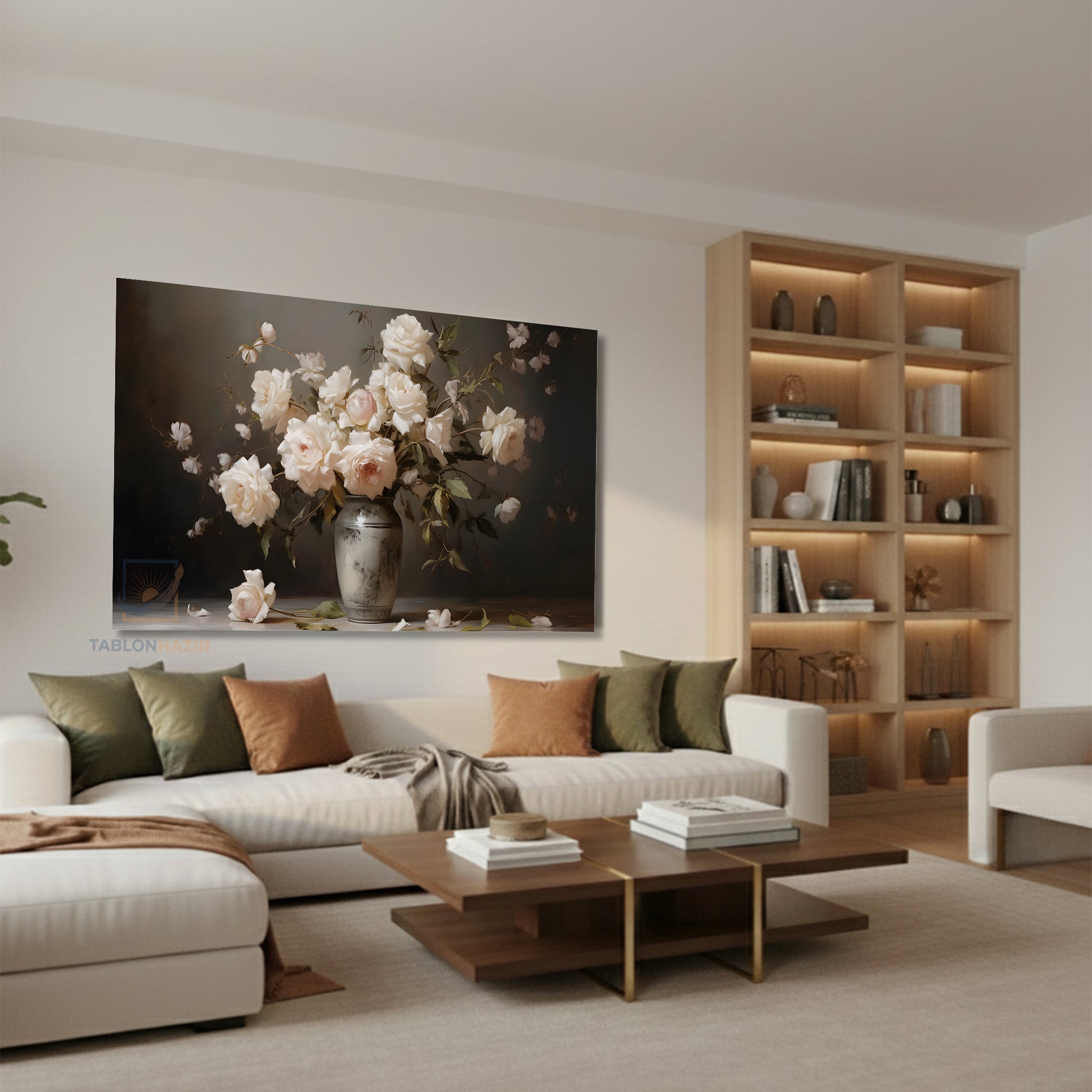 Yatay Kanvas Duvar Tablosu Vazodabeyazguller Salon Tablosu Ofis Tablosu Yeni Ev Hediyesi Dekorasyon